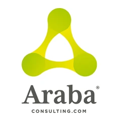Araba consulting.com in grey text, with a green fluid triangle shape above it.