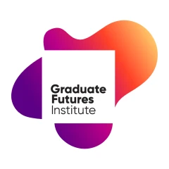 Graduate futures institute in black text, on white square, with fluid gradient shape emerging in the background.