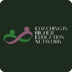 Coaching in higher education network, written in white stylish text, with a green and purple infinity loop of people icon.
