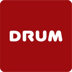 DRUM written in white modern tubular font on a red background.